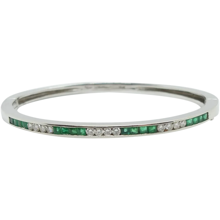 Luscious 1.28 ctw Diamond & Emerald Bangle Bracelet 18K White Gold