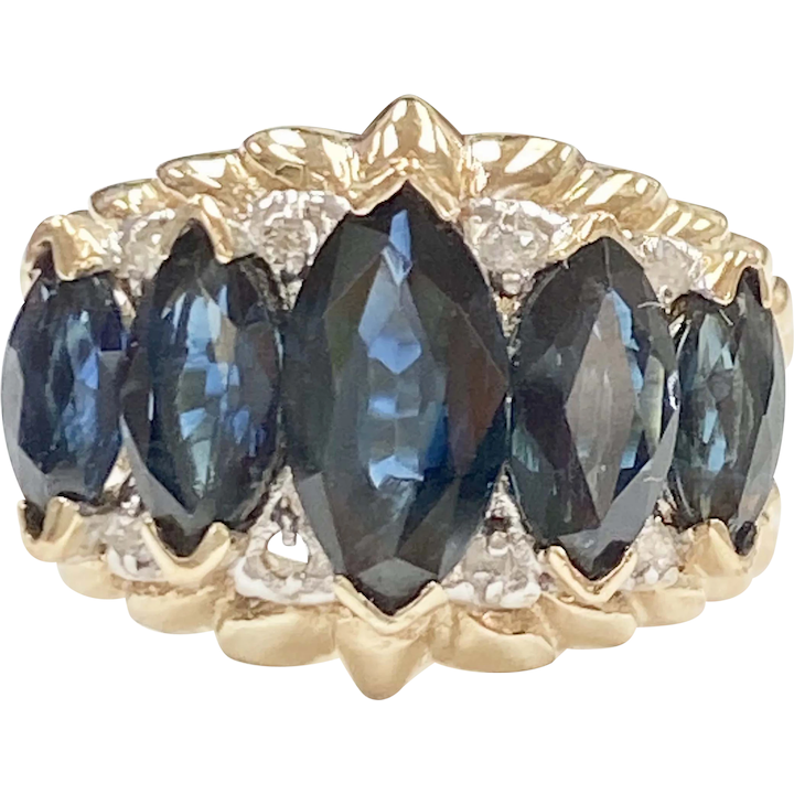 Marquise Sapphire Ring with Diamond Accents 3.68 Carats ctw 14K