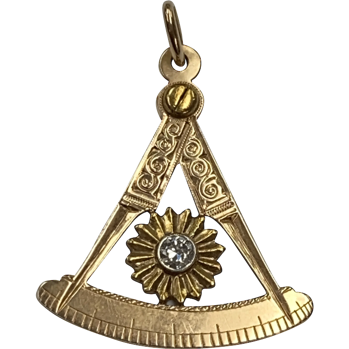 Masonic Compass Pendant Diamond Accent 14K Rose and Yellow Gold