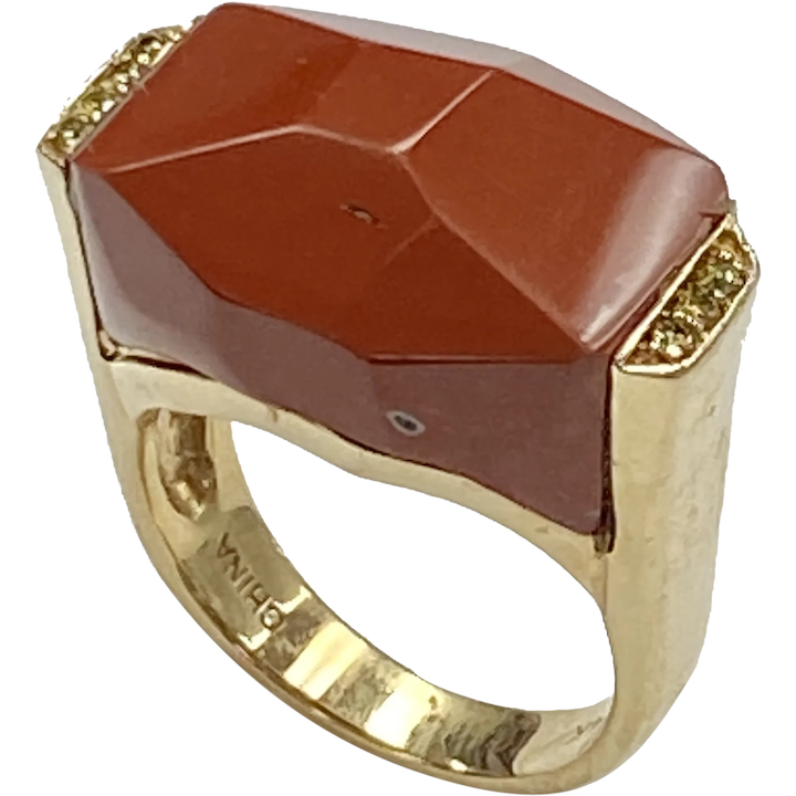 Modernist Chunky Geometric Ring Orange Agate and Yellow Diamond 14K Gold