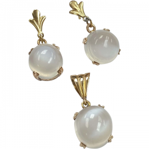 Moonstone Vintage Pendant & Earring Set 14K Gold