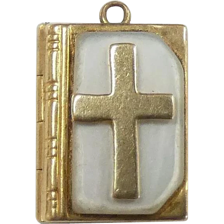 Mother of Pearl Lords Prayer Bible Pendant / Charm 14k Yellow Gold
