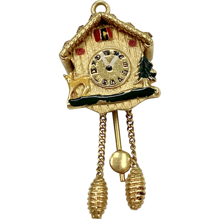 Moving Cuckoo Clock Vintage Charm 18K Gold, Enamel Three-Dimensional