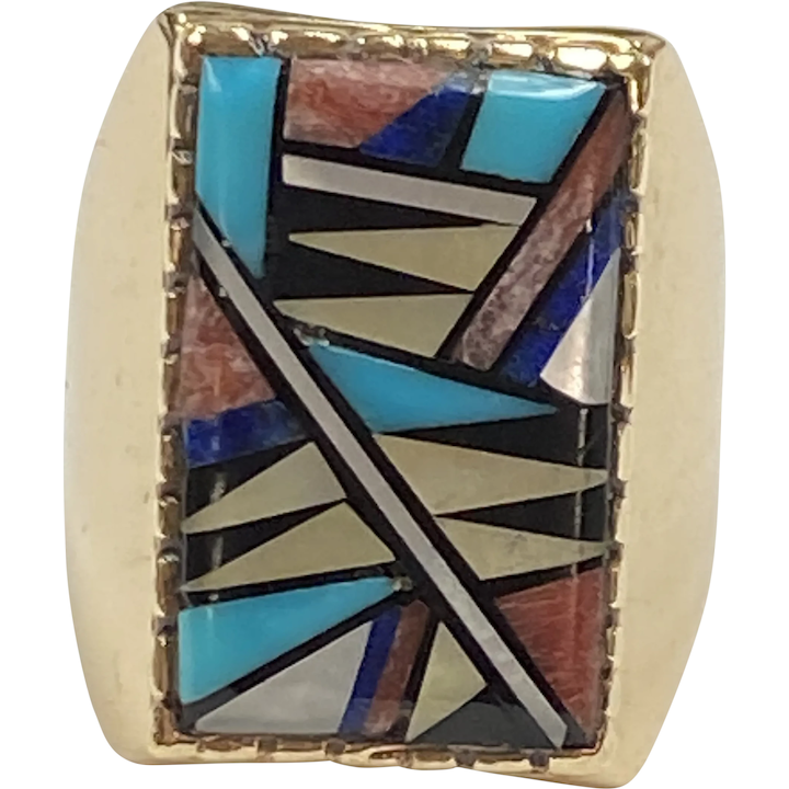 Native American Crafted Ring 14K Gold Colorful Intarsia Inlay