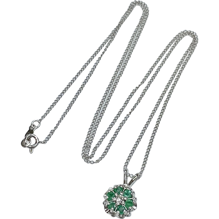 Natural Emerald & Diamond .42 ctw Pendant / Necklace 14K White Gold