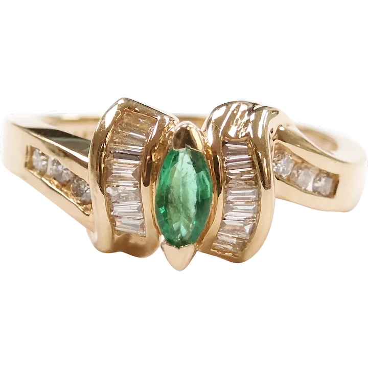 Natural Emerald and Diamond .52 ctw Bypass Ribbon Ring 14k Yellow Gold