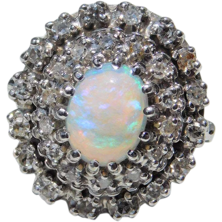 Natural Opal & Diamond Double Halo Ring 1.54 ctw 14k White Gold