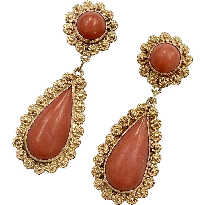 Natural Red Coral Vintage Dangle Earrings 14k Gold