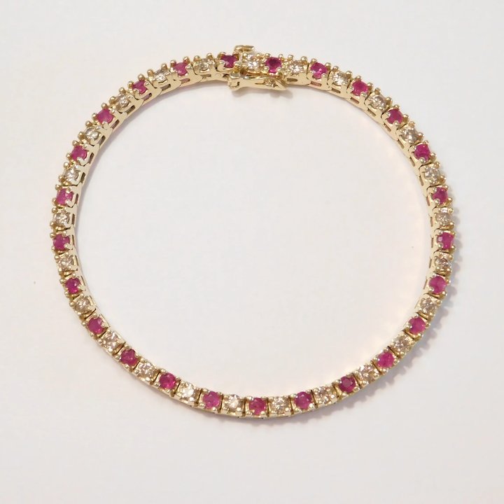 Diamond & Baguette Ruby Gemstone Tennis Bracelet in 14k Yellow Gold |  Jewelsmith