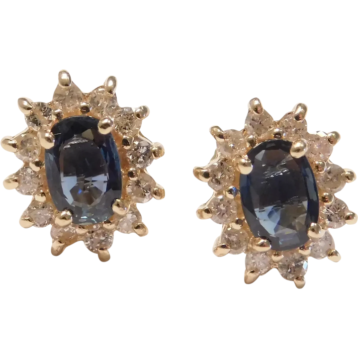 Natural Sapphire and Diamond 1.38 ctw Halo Stud Earrings 14k Gold