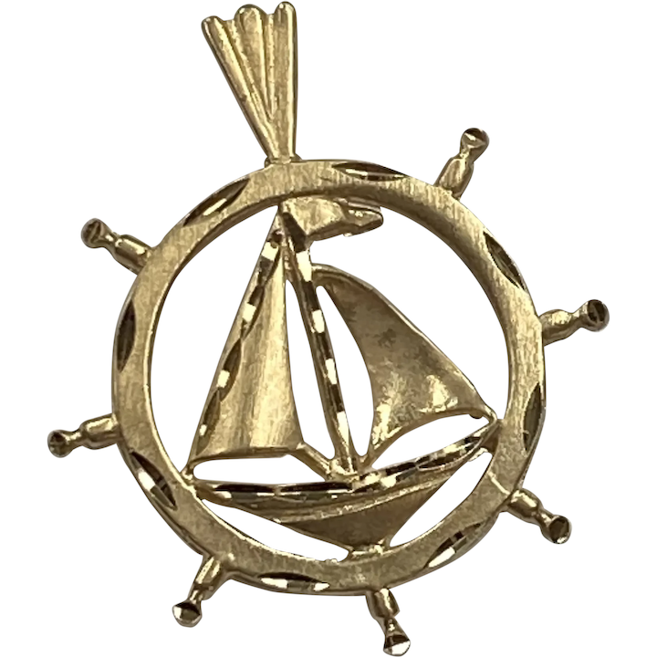 Nautical Pendant Sailboat and Ships Wheel 14K Gold