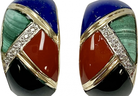 Navajo Crafted Drop Earrings 14K Gold Colorful Intarsia Diamond Accent