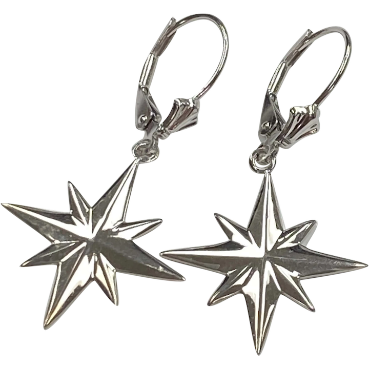 North Star Dangle Earrings 14K White Gold, Compass Rose