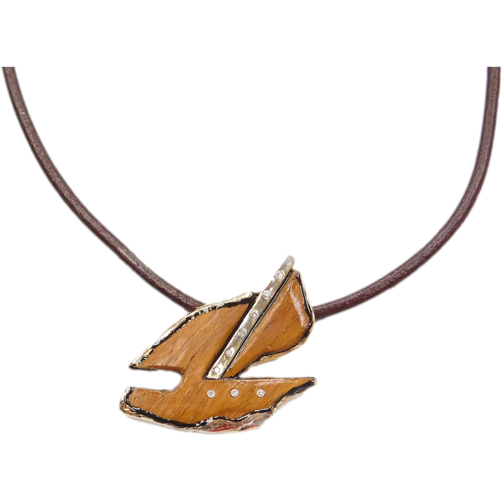 One of a Kind Handmade Teak Wood and Diamond Boat Pendant on Brown Leather Cord 14k Gold