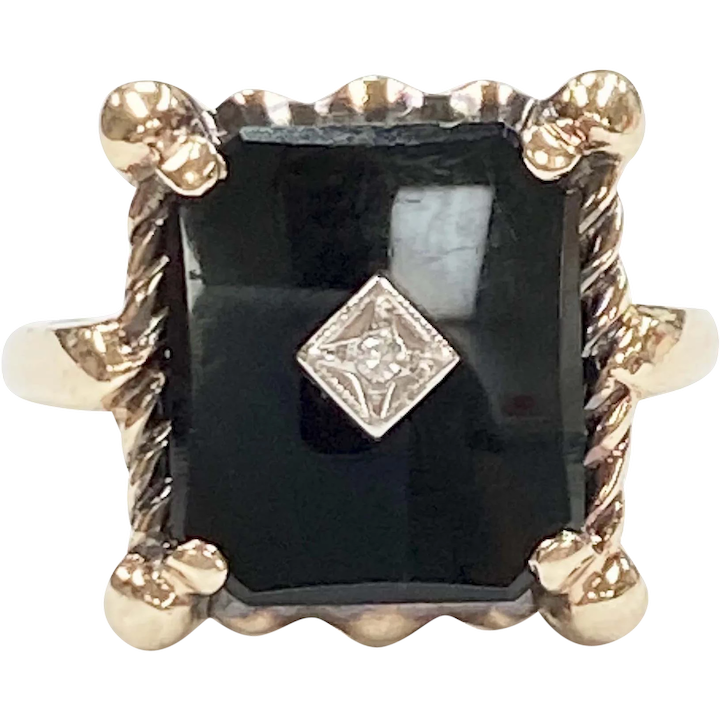 Onyx & Diamond Vintage Ring 10K Gold, Victorian Revival