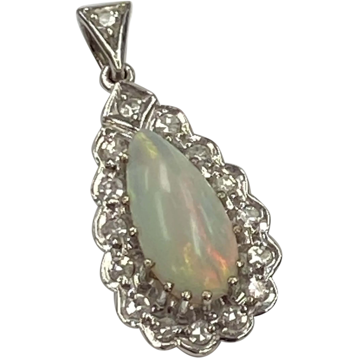 Opal & Diamond Vintage Pendant 18K White Gold, Pear Halo Design