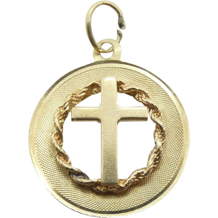 Open Circle Cross Pendant With Rope Accent 14k Gold