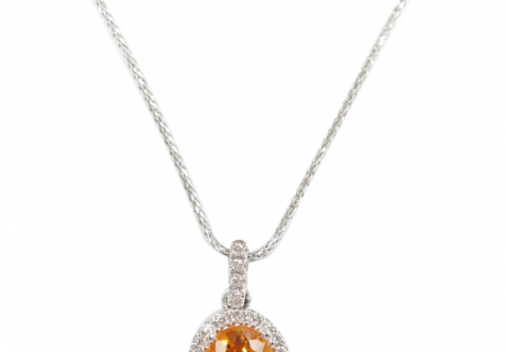Orange Sapphire and Diamond 1.38 ctw Halo Necklace 14k White Gold