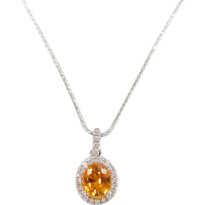 Orange Sapphire and Diamond 1.38 ctw Halo Necklace 14k White Gold