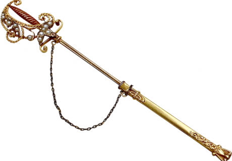 Ornate Edwardian Sword Pin 14K Gold Seed Pearl & Enamel