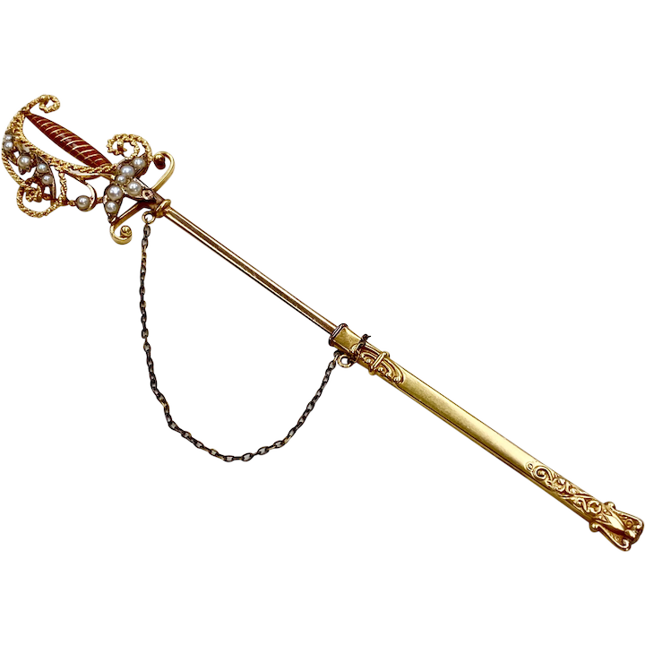 Ornate Edwardian Sword Pin 14K Gold Seed Pearl & Enamel