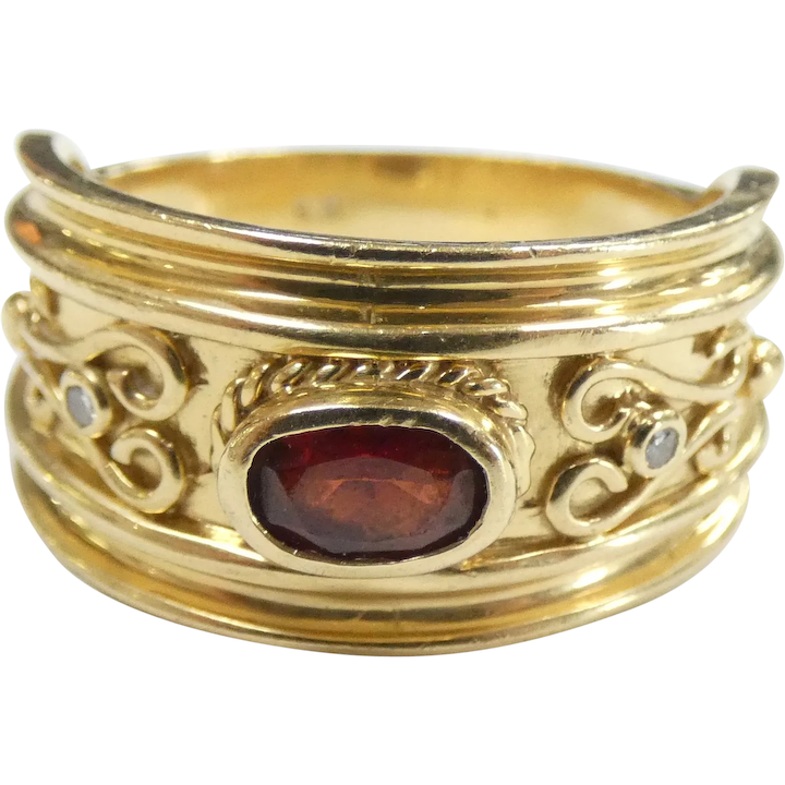 Ornate Garnet & Diamond Ring 14k Yellow Gold