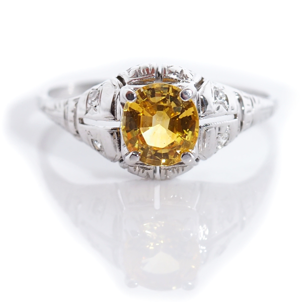 Vintage 14k White Gold Yellow Sapphire and Diamond Ring