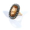 Edwardian GIA Certified Imperial Topaz 8.38 Carats and Cultured Pearl Halo Ring
