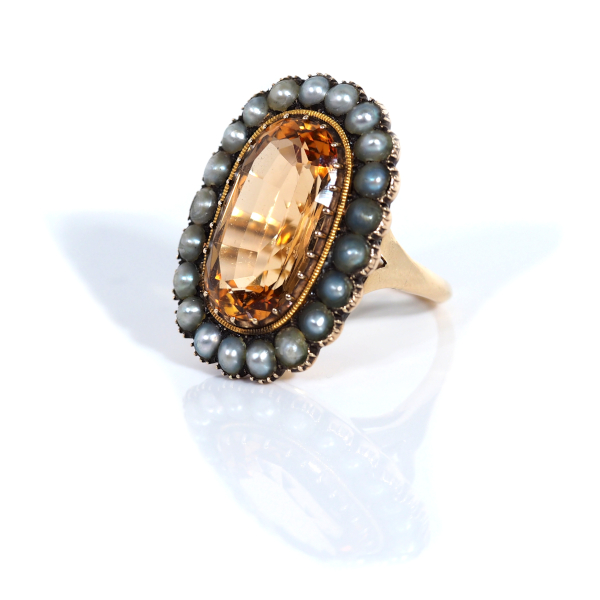Edwardian GIA Certified Imperial Topaz 8.38 Carats and Cultured Pearl Halo Ring