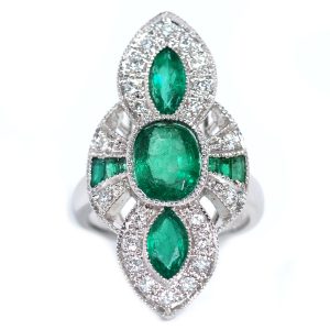 Natural Zambia Emerald and Diamond Art Deco Inspired 14k White Gold Ring