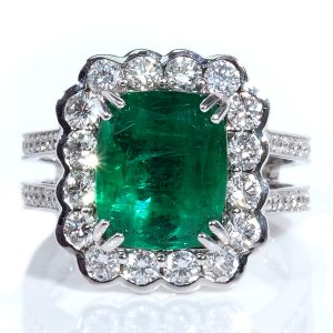 2.52 Carat Natural Zambia Emerald Engagement Ring with scalloped diamonds