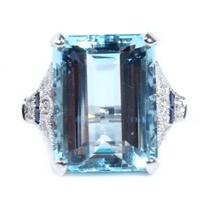 12.60 Carat Aquamarine Set in 14k White Gold 0.36 ctw Sapphire & Diamond Art Deco Inspired Ring