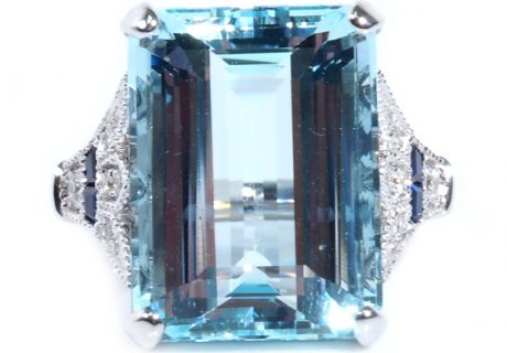 12.60 Carat Aquamarine Set in 14k White Gold 0.36 ctw Sapphire & Diamond Art Deco Inspired Ring