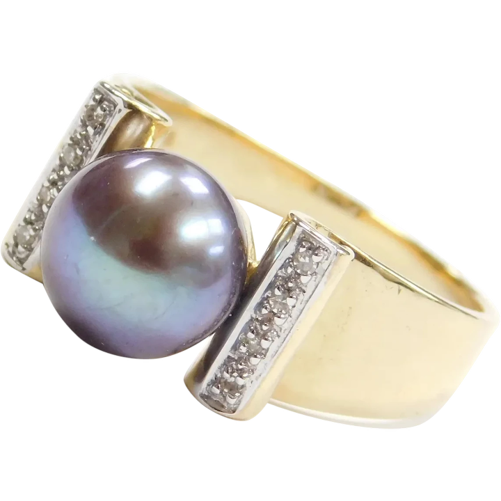 Peacock Cultured Pearl and Diamond Retro Style Ring 14k Gold