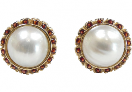 Pearl & Garnet Halo Stud Earrings 14k Yellow Gold