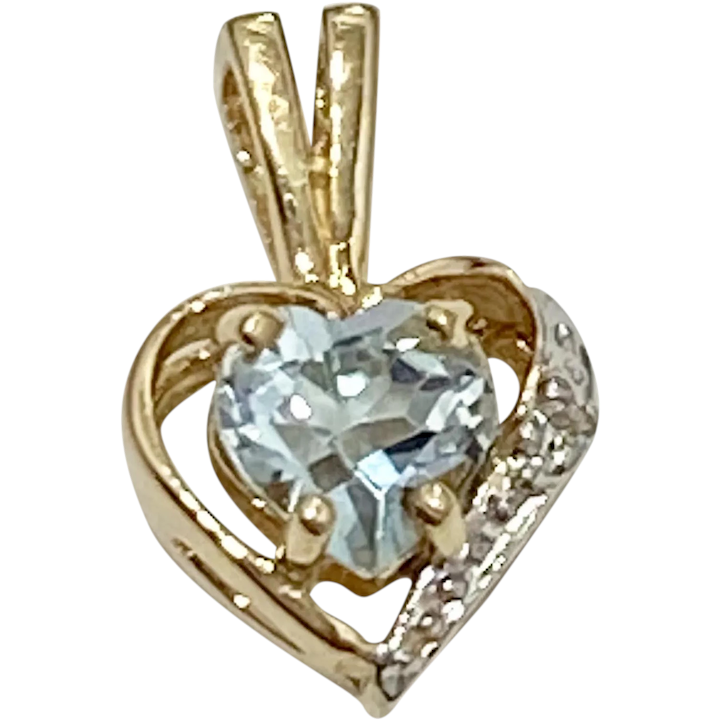 Petite Aquamarine & Diamond HEART Pendant 14K TT Gold