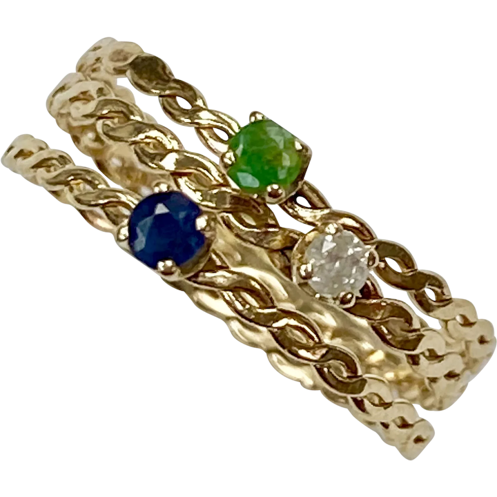Petite Stack Ring Set (3) Diamond, Emerald, Sapphire 14K Gold