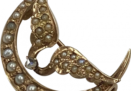 Petite Victorian Crescent Moon and Wings Pin 14K Gold Seed Pearl and Diamond