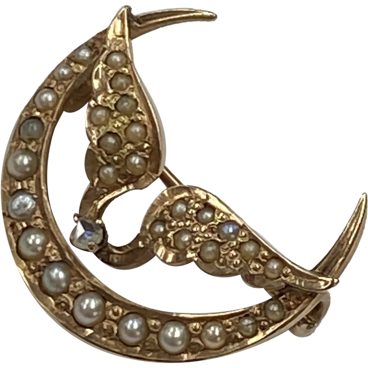 Petite Victorian Crescent Moon and Wings Pin 14K Gold Seed Pearl and Diamond