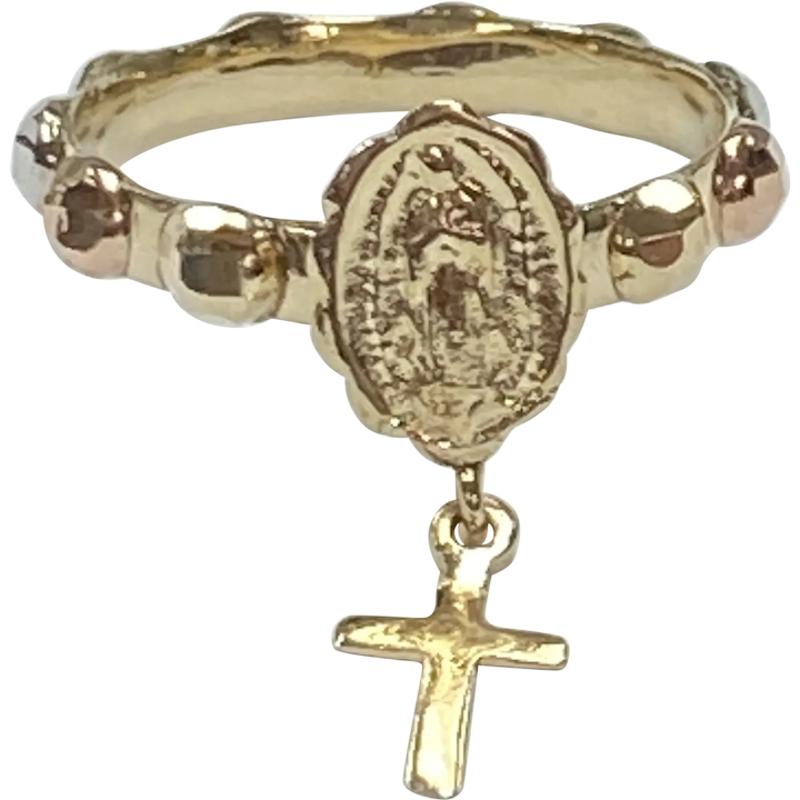 Prayer Ring 14K Tri-Color Gold with Immaculate and Cross Charm