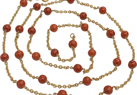 Red Coral Bead 6mm Station Necklace 18K Gold