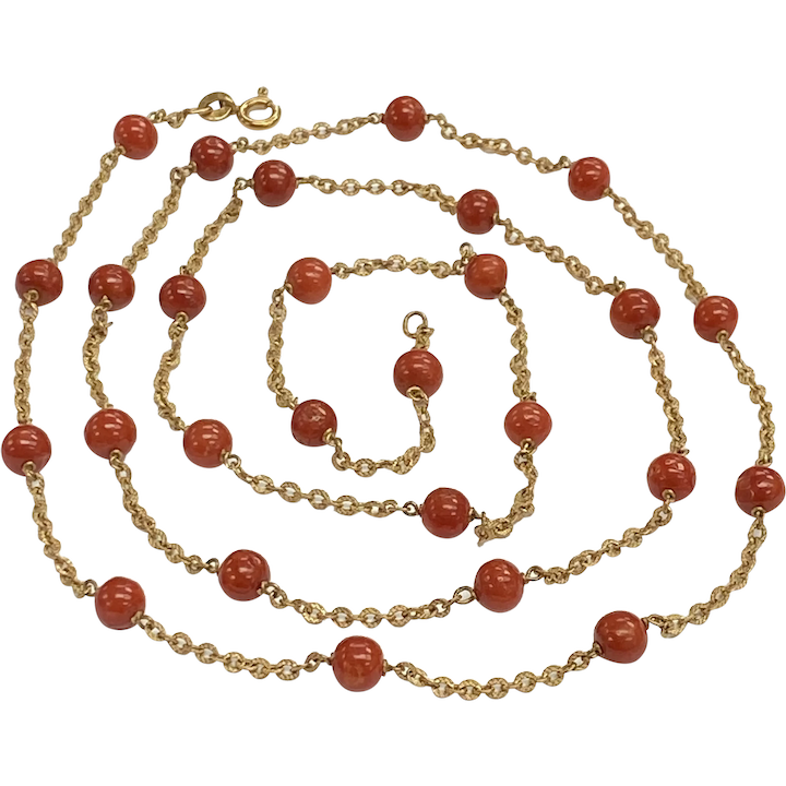 Red Coral Bead 6mm Station Necklace 18K Gold, 33″ Length