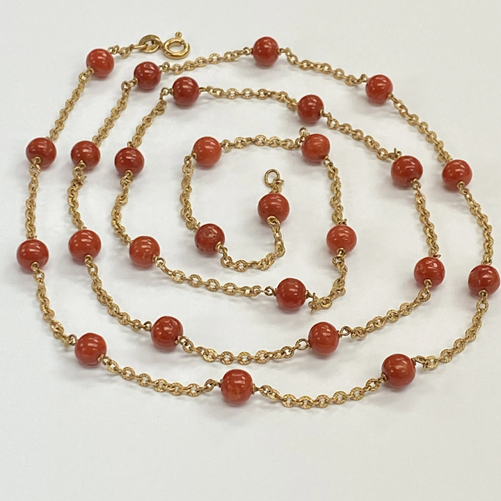 Red Coral Bead 6mm Station Necklace 18K Gold, 33