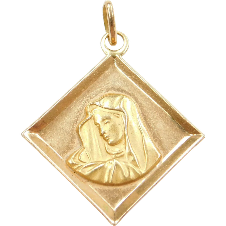 Religious Holy Mother Mary Vintage Charm / Pendant 18K Gold