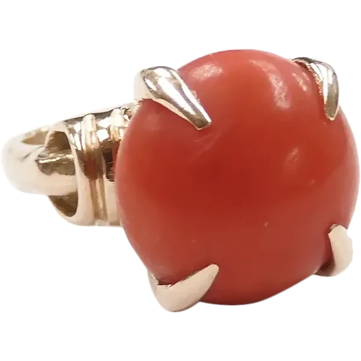 Retro Red Coral Solitaire Ring 14k Yellow Gold