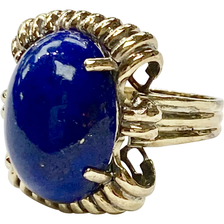 Retro Vintage Lapis Lazuli Ring 14K Gold, Statement