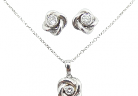 Romantic .18 ctw Diamond Love Knot Stud Earrings & Necklace Set 14K White Gold