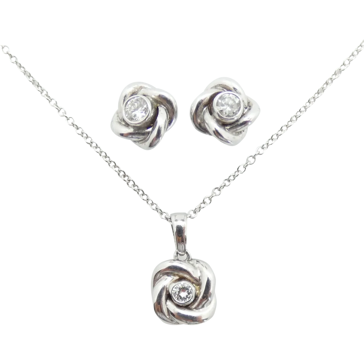 Romantic .18 ctw Diamond Love Knot Stud Earrings & Necklace Set 14K White Gold