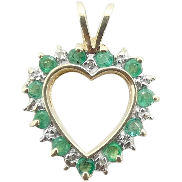 Romantic .45 ctw Diamond & Emerald Open-Space Heart Pendant 10K Yellow Gold