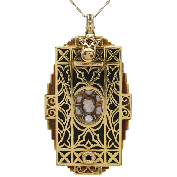 Rose Cut Diamond & Onyx Art Deco Necklace 18K Yellow Gold & Platinum Back